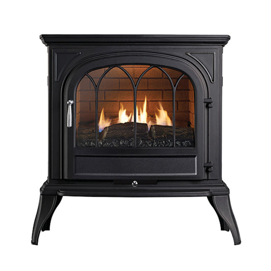 Pure Glow Novo 600 Flueless Gas Stove - Black - Lattice Arched Door